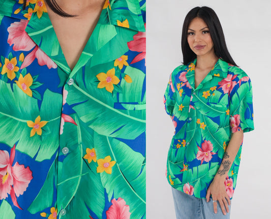 90s Tropical Floral Button Up Shirt Orchid Leaf Print Green Blue Pink Medium