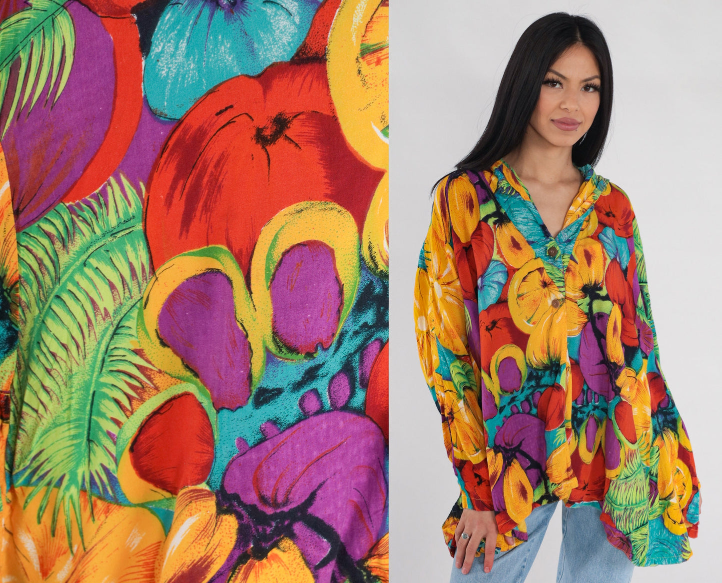 00s Fruit Print Hooded Blouse Colorful Long Sleeve High-Low Tunic One Size