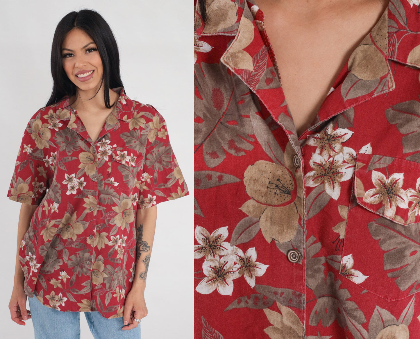 90s Red Tropical Floral Button-Up Shirt Short Sleeve Plumeria Print Extra Large XL