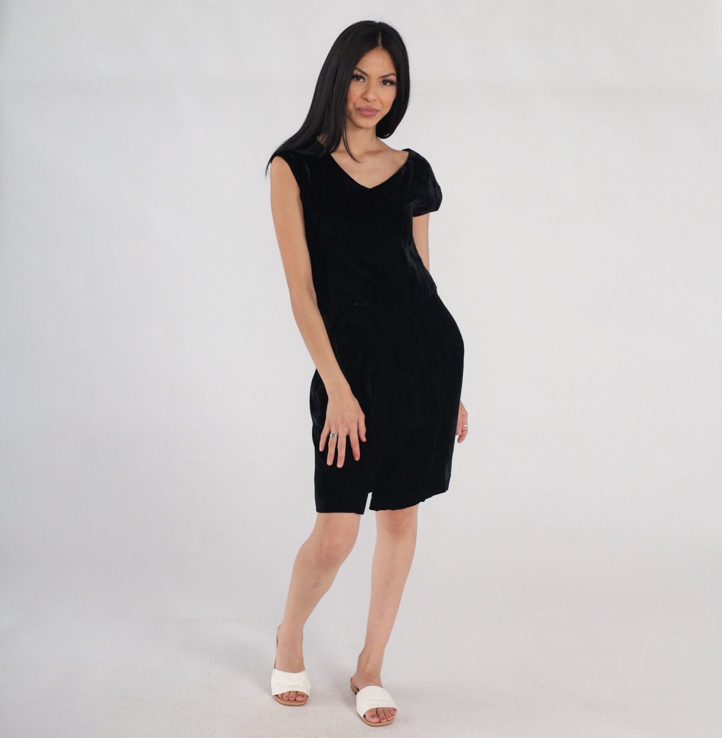 60s Black Velvet Mini Dress Cap Sleeve Pencil Front Slit Small