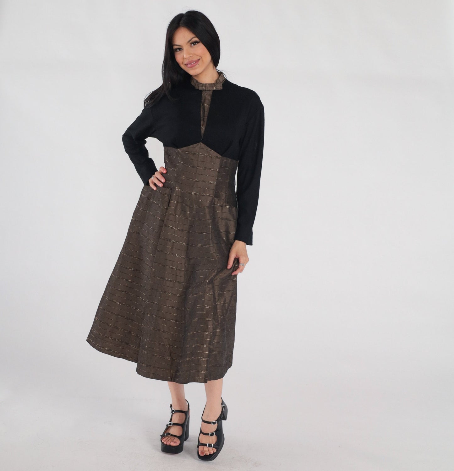 1950s Metallic Striped Brown Wool Midi Dress Black Bow High Neck Medium