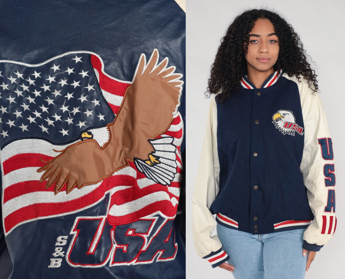 00s Steve & Barry's Eagle USA Bomber Jacket Navy Wool Large