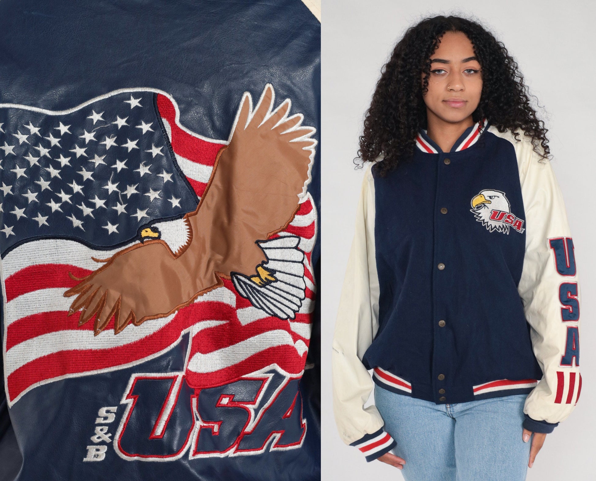 00s Steve & Barry's Eagle USA Bomber Jacket Navy Wool Large