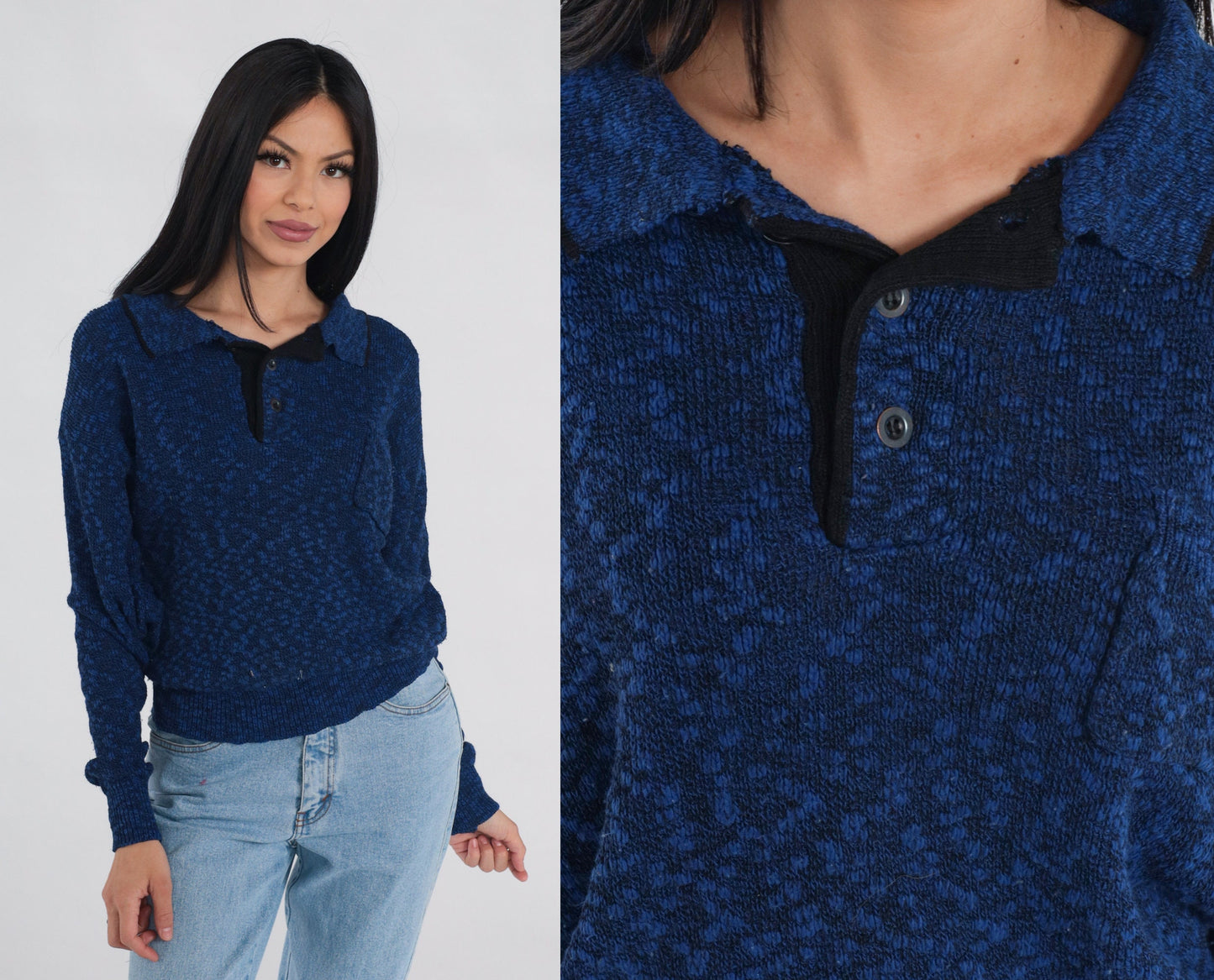 80s Dark Blue Flecked Knit Collared Sweater Quarter Button Pullover Medium Large