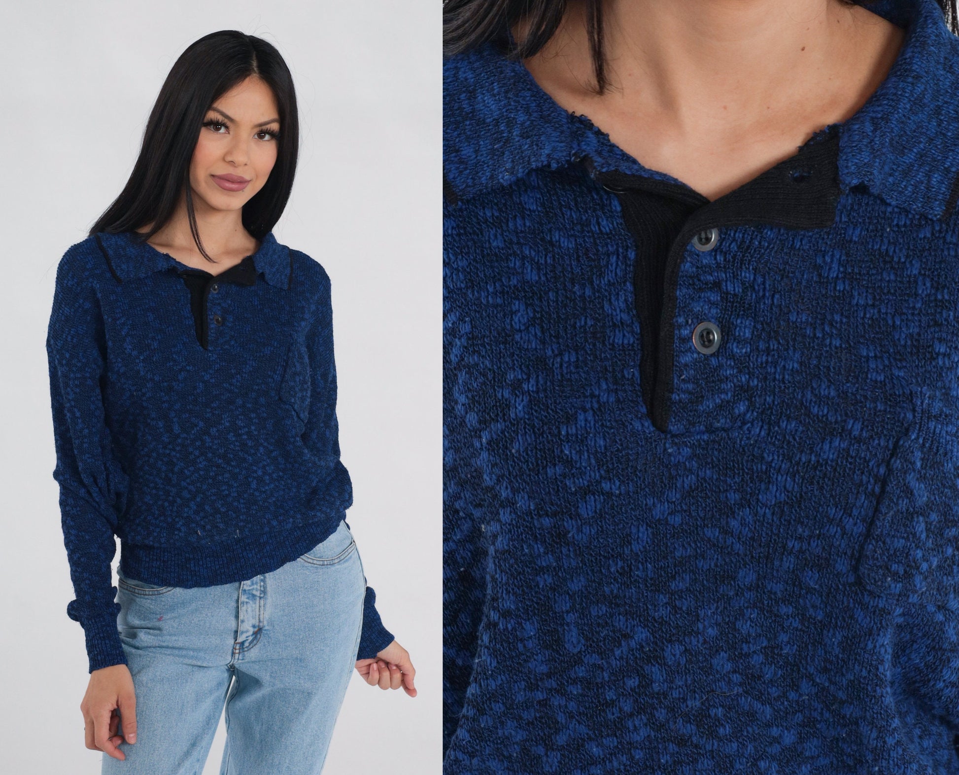 80s Dark Blue Flecked Knit Collared Sweater Quarter Button Pullover Medium Large