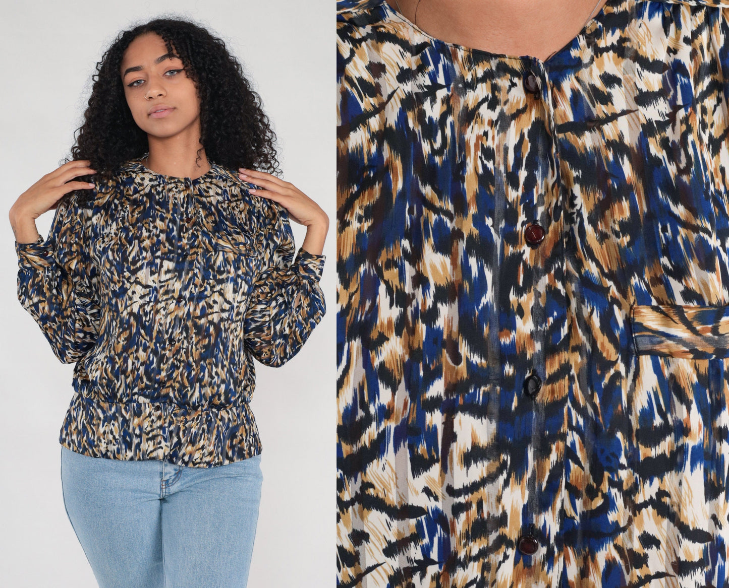 90s Leopard Abstract Animal Print Button-Up Blouse Long Sleeve Extra Large