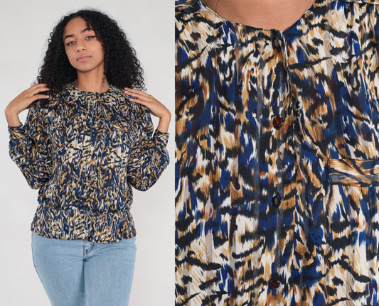 90s Leopard Abstract Animal Print Button-Up Blouse Long Sleeve Extra Large