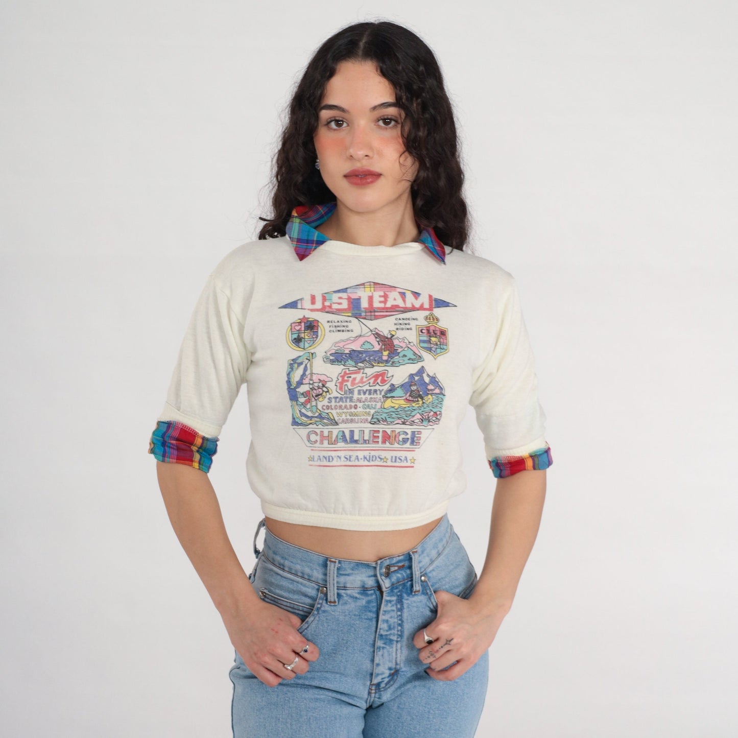 80s US Team Challenge Fishing Climbing Canoeing Graphic Sweatshirt Cropped XXS