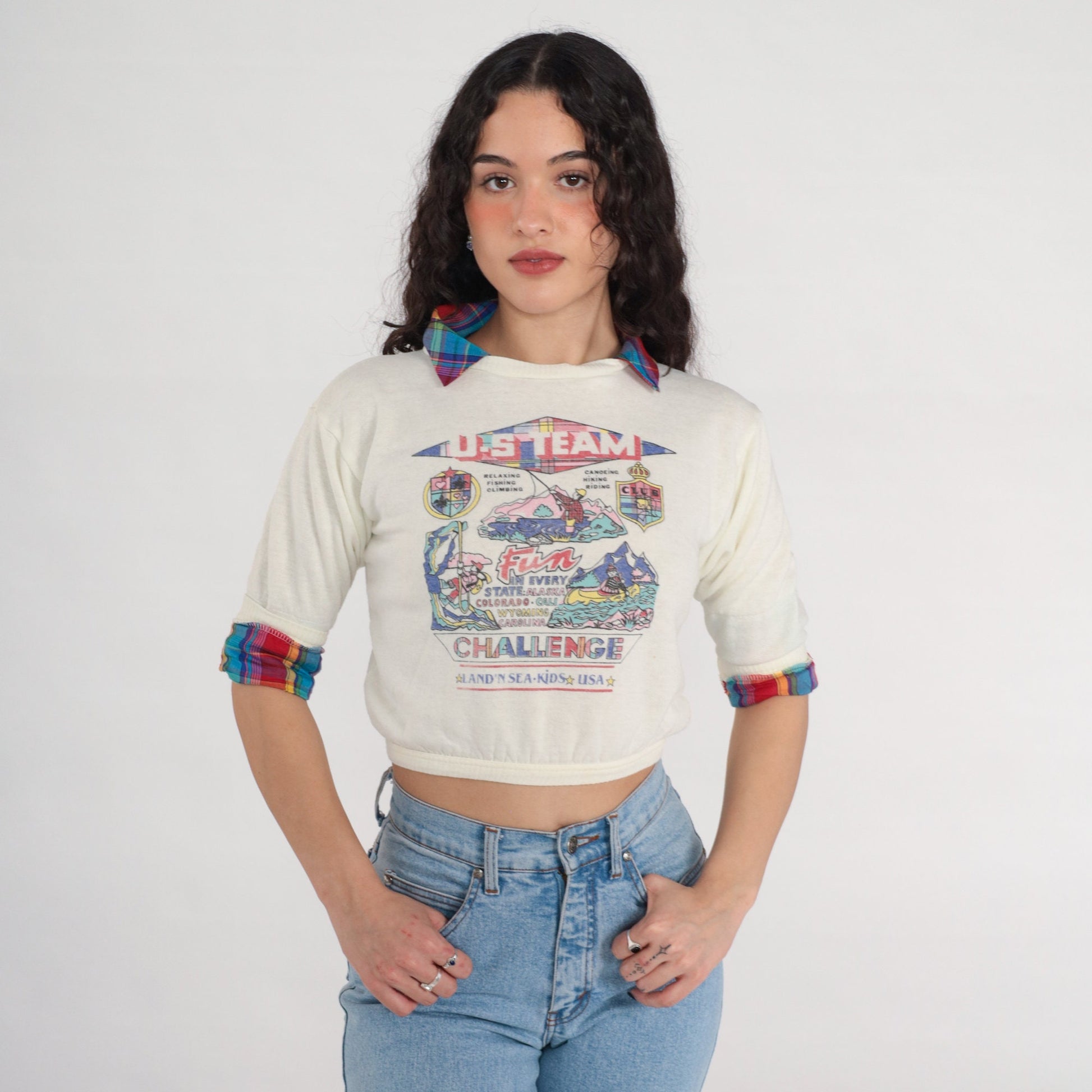 80s US Team Challenge Fishing Climbing Canoeing Graphic Sweatshirt Cropped XXS