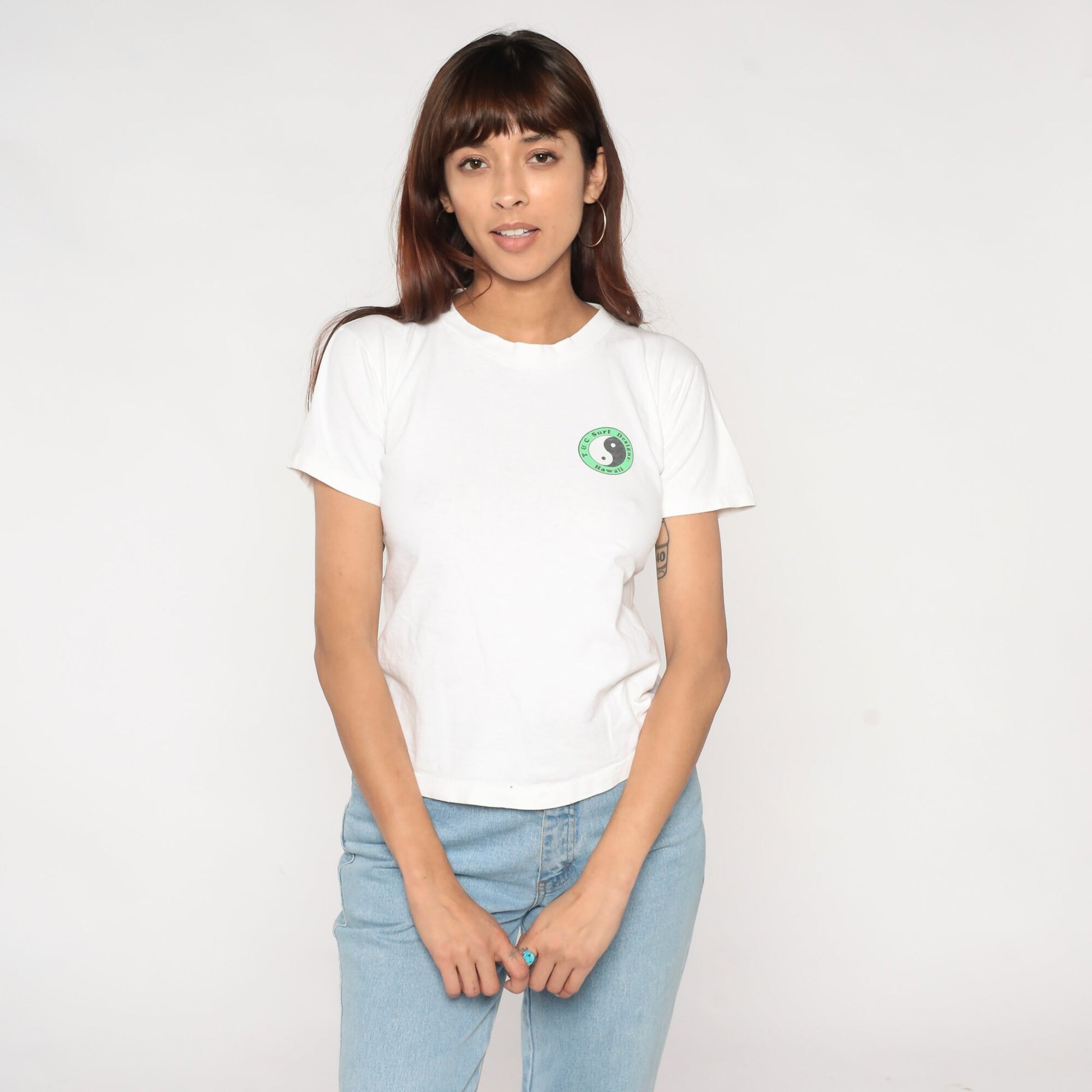 90s T&C Surf Designs Hawaiian Surf Gods Yin Yang Graphic Tee White Single Stitch XS