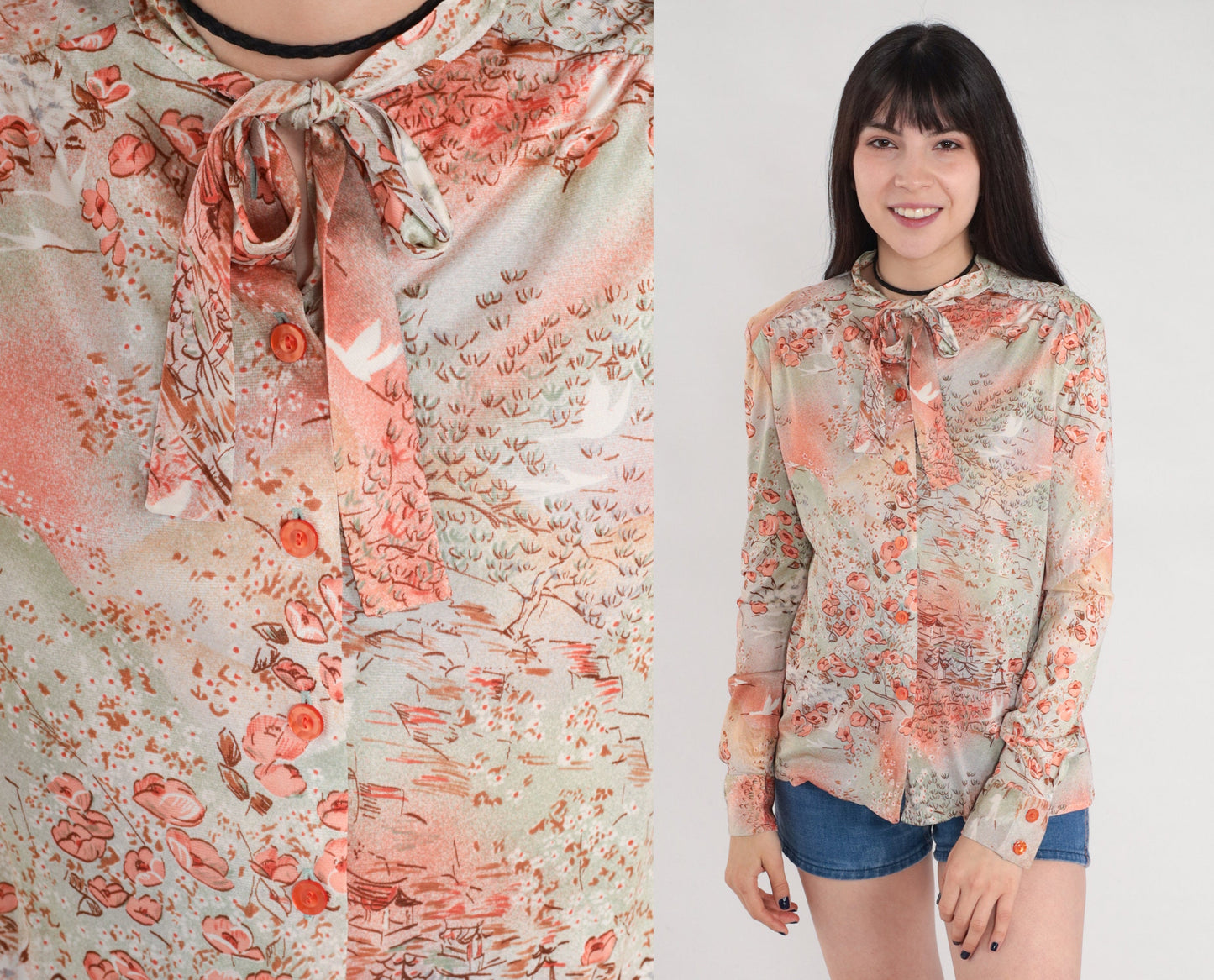 70s Floral Bird Village Print Ascot Blouse Pink Orange Green Long Sleeve Small