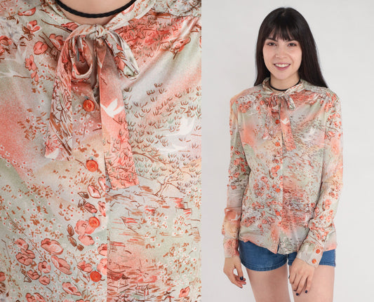 70s Floral Bird Village Print Ascot Blouse Pink Orange Green Long Sleeve Small