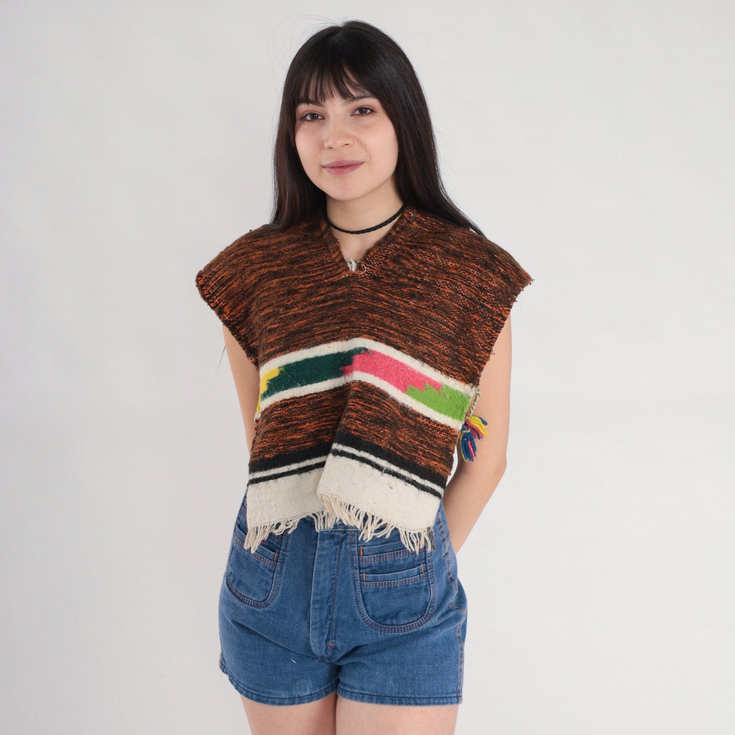 80s Woven Poncho Brown Southwestern Fringe Open Side Cape Extra Small