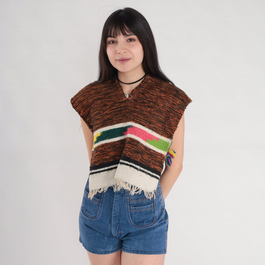 80s Woven Poncho Brown Southwestern Fringe Open Side Cape Extra Small