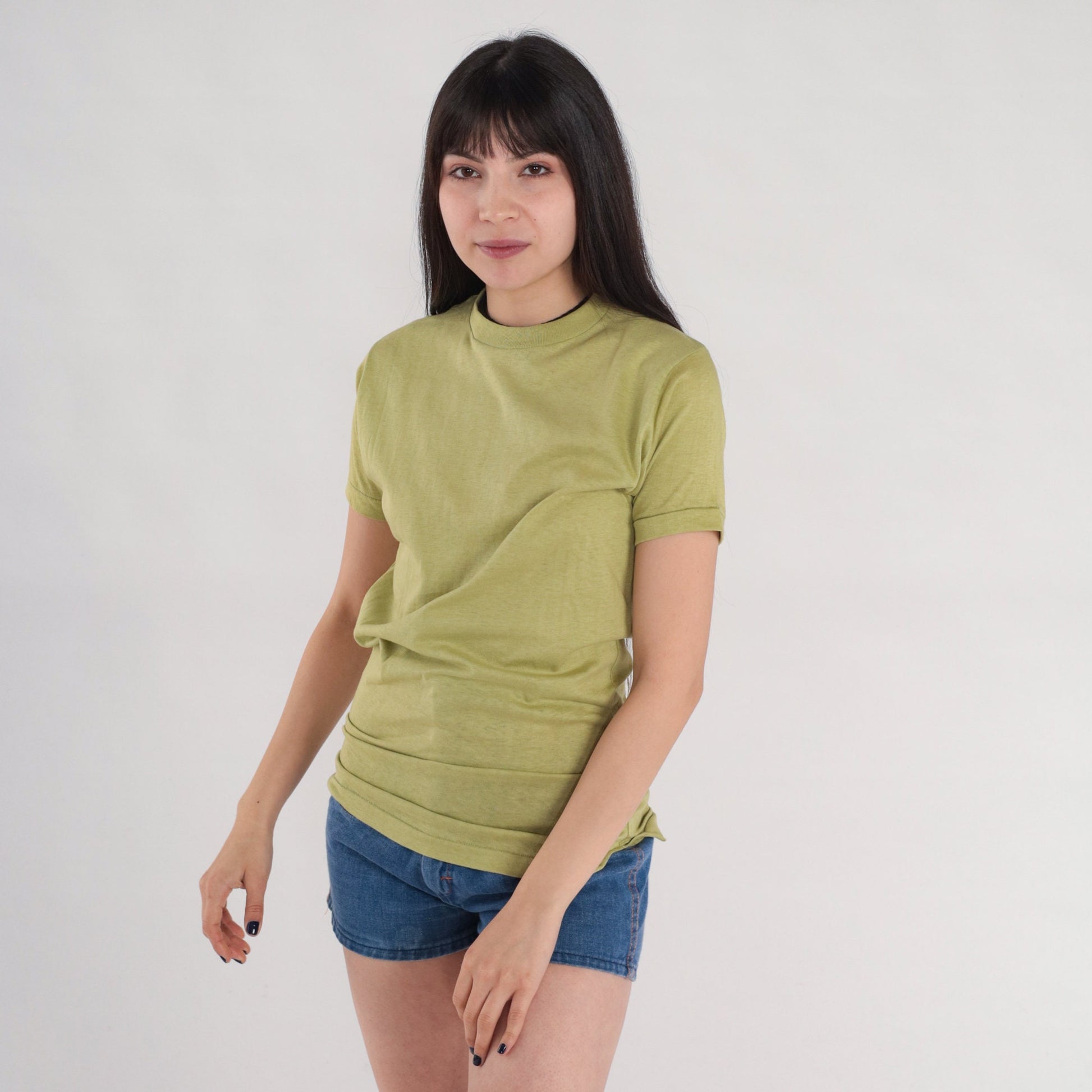 80s Green Cotton T-Shirt Single Stitch Crew Neck Plain Tee Medium M