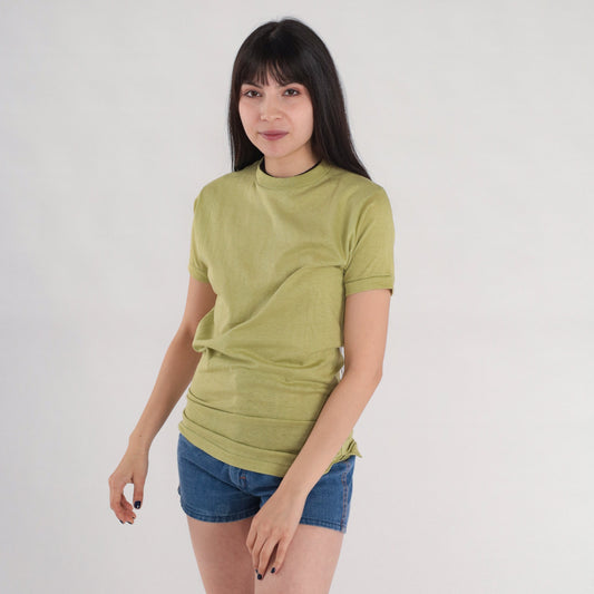 80s Green Cotton T-Shirt Single Stitch Crew Neck Plain Tee Medium M