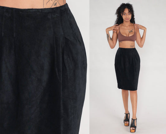 90s Black Suede Pencil Skirt Midi High Waist Pig Leather Small