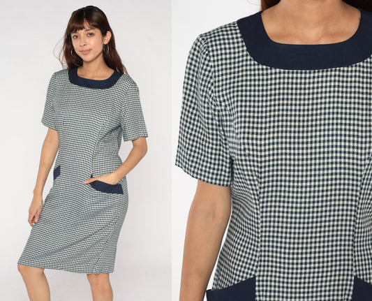 90s Gingham Shift Dress White Navy Checkered Mini Pocket Short Sleeve Medium