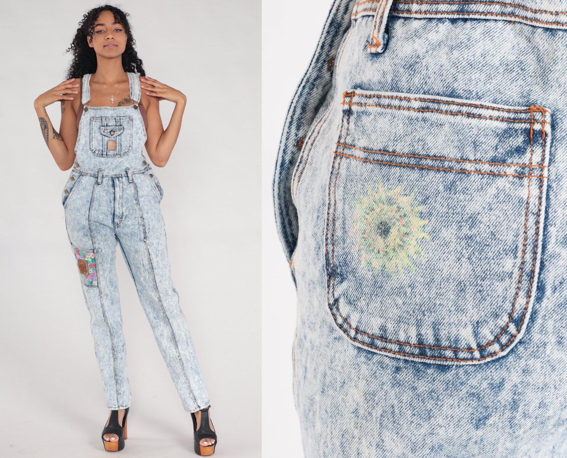90s Acid Wash Denim Overalls Neon Floral Hand Painted Tapered Bib Small