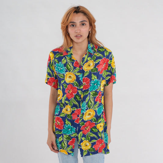 90s Floral Rayon Button-Up Blouse Short Sleeve Red Yellow Blue Small S