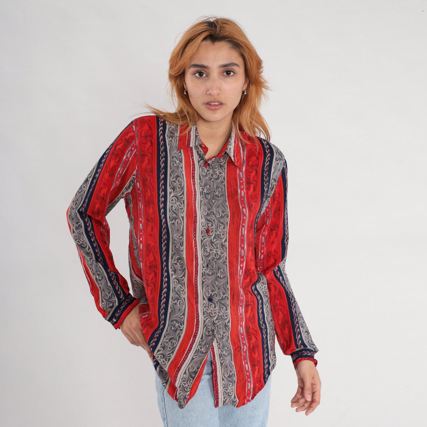 90s Silk Baroque Striped Button-Up Blouse Chain Print Red Grey Medium