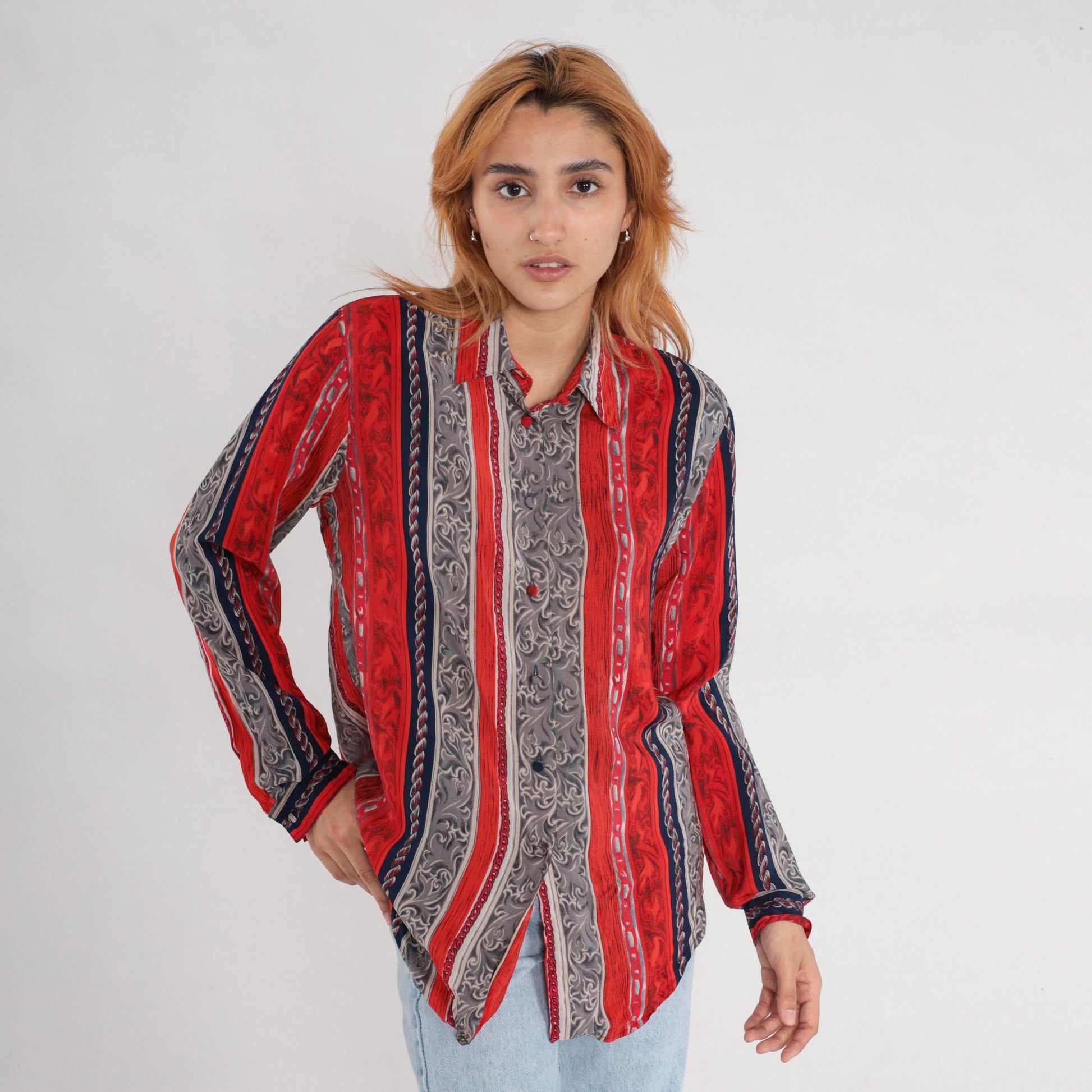 90s Silk Baroque Striped Button-Up Blouse Chain Print Red Grey Medium