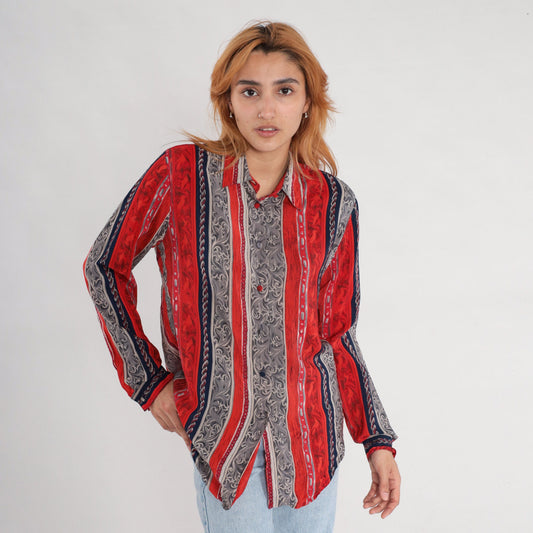 90s Silk Baroque Striped Button-Up Blouse Chain Print Red Grey Medium