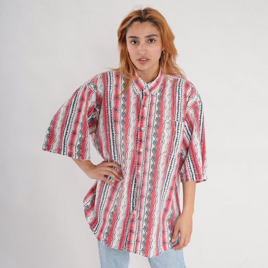 90s Celestial Red Striped Button Up Shirt Geometric Sun Print Extra Large