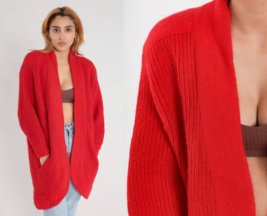 80s Red Wool Blend Cardigan Sweater Ribbed Knit Open Front Pockets Medium Large
