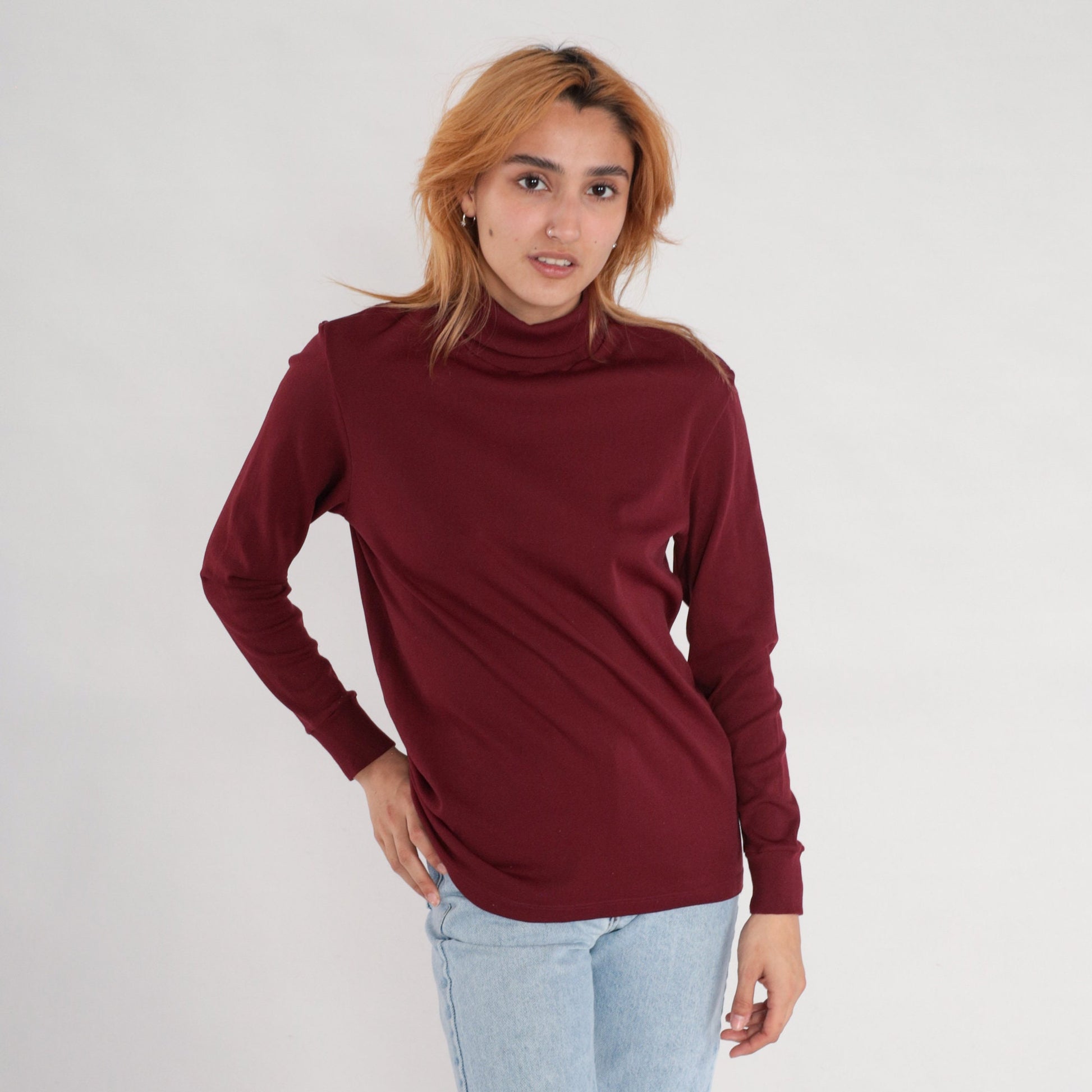 80s Burgundy Turtleneck Long Sleeve Shirt Medium
