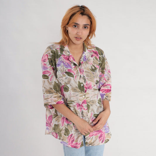 90s Floral Button Up Blouse Tan Olive Green Purple Pink 3/4 Sleeve XXL