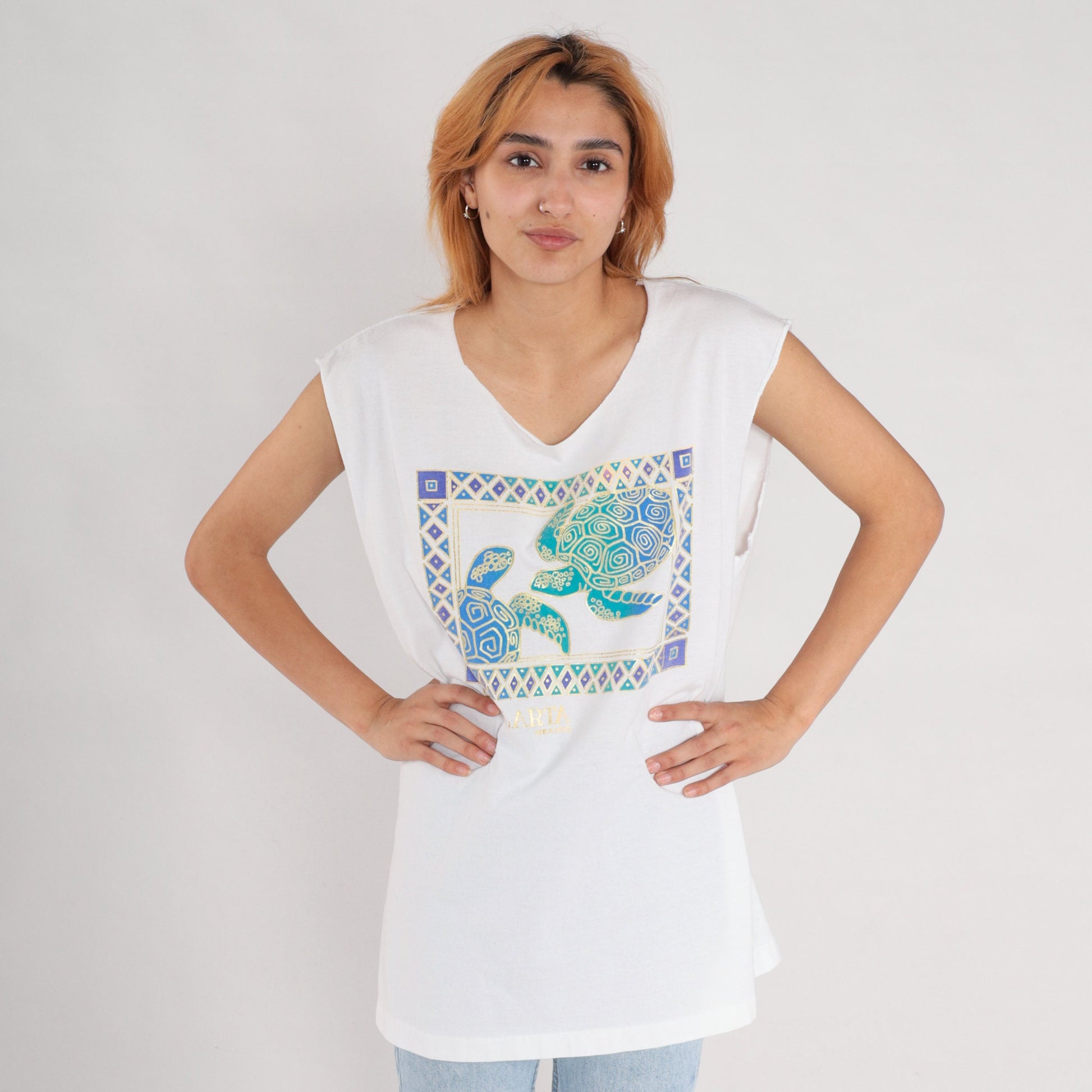 90s Puerto Vallarta Sea Turtle Tank Top White Gold Graphic Medium Large