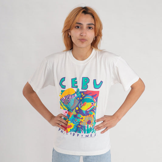 00s Cebu Philippines Tropical Fish Graphic Tee White Cotton Small