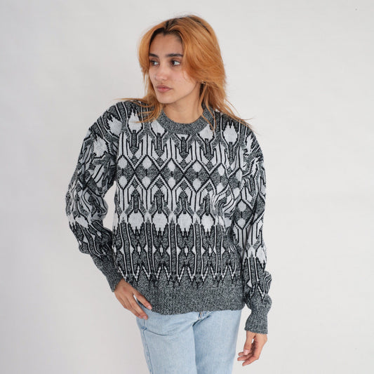 90s Geometric Knit Sweater Grey Black White Crewneck Pullover Large