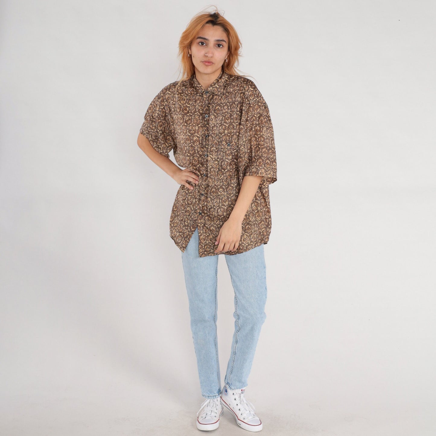 Y2K Brown Geometric Floral Silk Button-Up Shirt Short Sleeve Small S