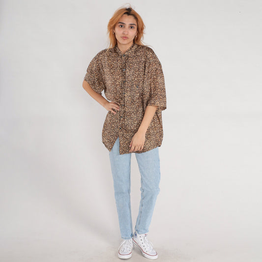 Y2K Brown Geometric Floral Silk Button-Up Shirt Short Sleeve Small S