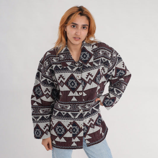90s Southwestern Tapestry Jacket Brown Navy White Aztec Print Extra Extra Large XXL