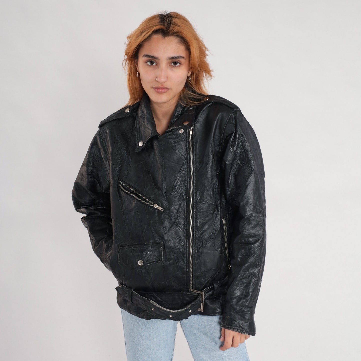 80s Black Leather Motorcycle Jacket Eagle Patch Men's Small