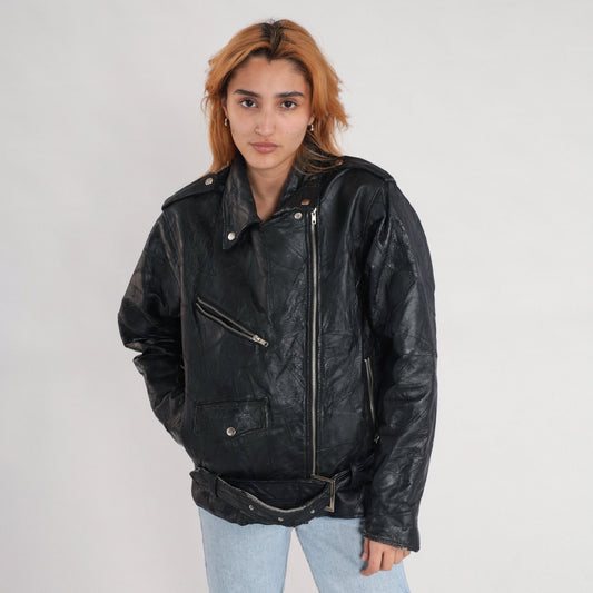 80s Black Leather Motorcycle Jacket Eagle Patch Men's Small