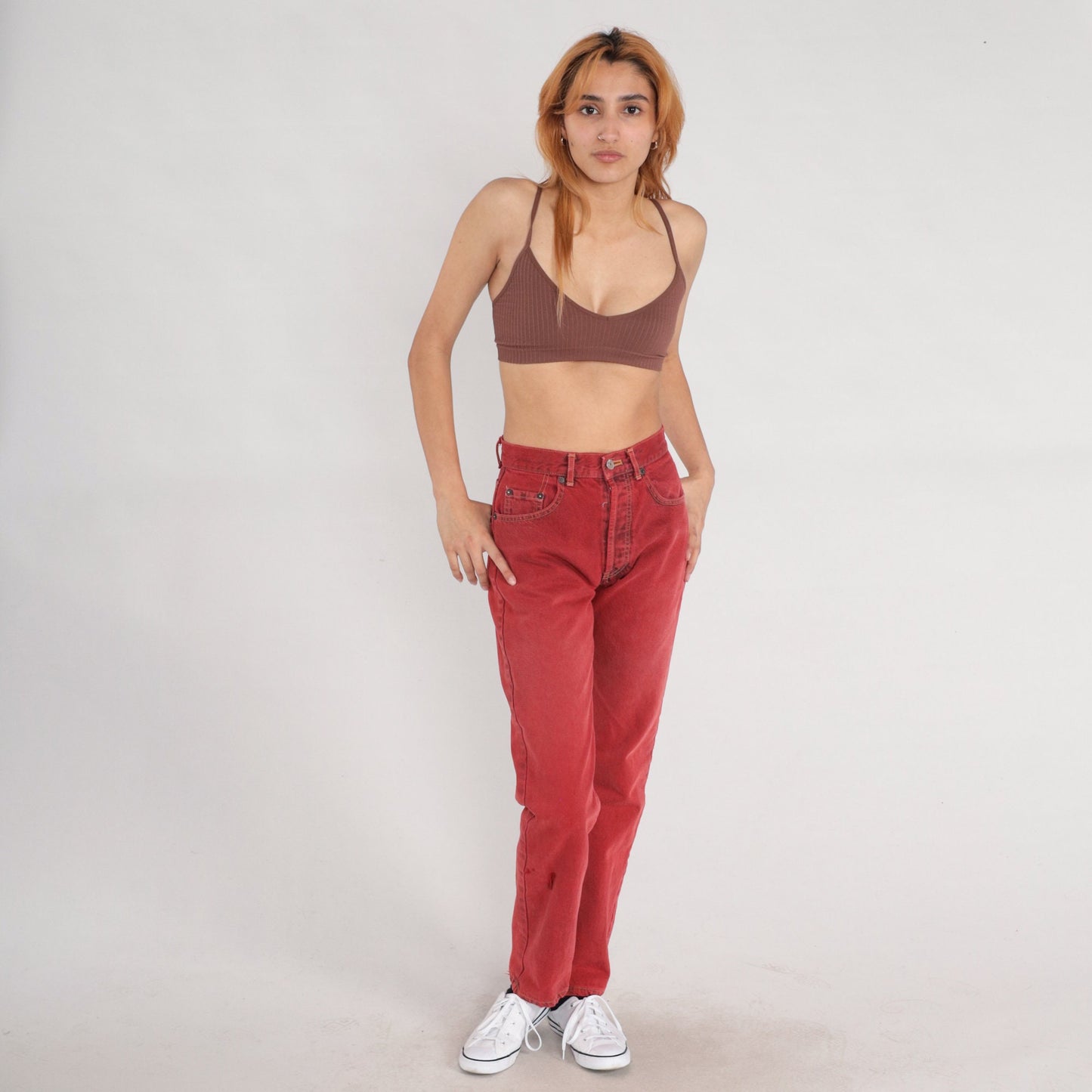 00s Calvin Klein Red Denim High Waisted Slim Straight Jeans Small 26