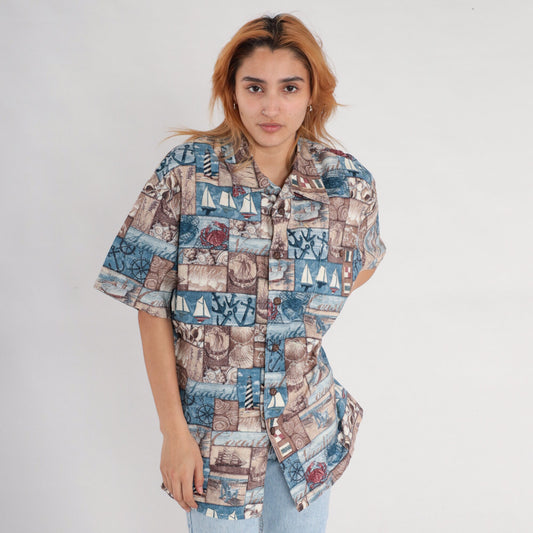 90s Nautical Sailboat Button-Up Shirt Blue Short Sleeve Extra Large XL