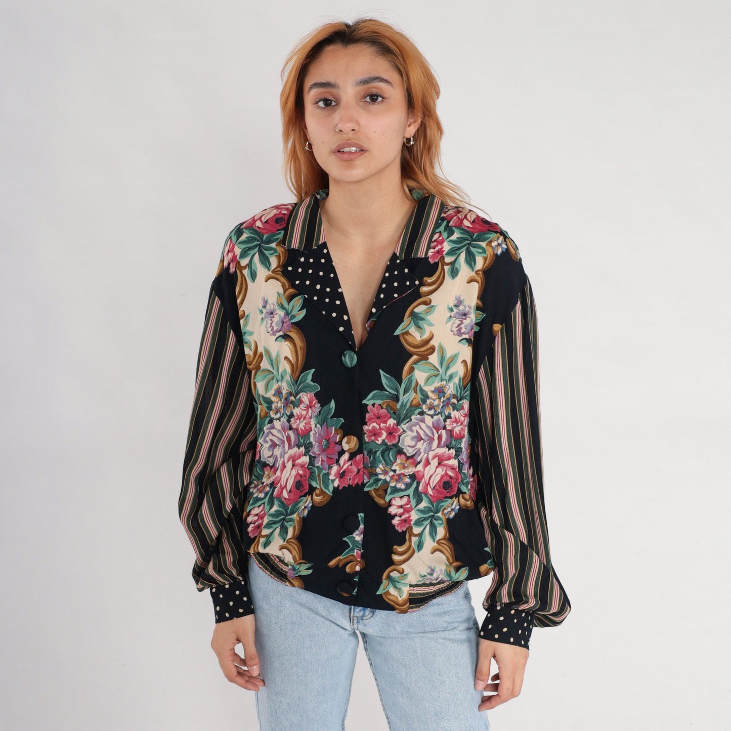 90s Carole Little Floral Button-Up Blouse Rayon Striped Balloon Sleeve Large