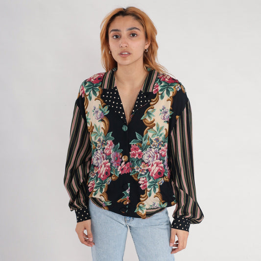 90s Carole Little Floral Button-Up Blouse Rayon Striped Balloon Sleeve Large