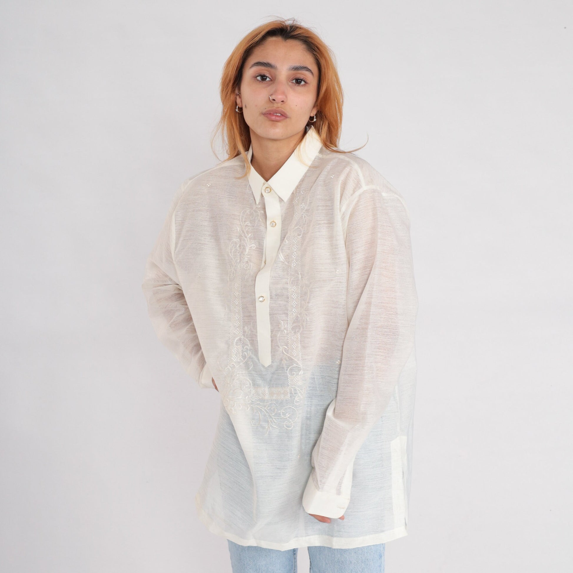 00s Sheer White Embroidered Button-Up Blouse Long Sleeve Floral Large L