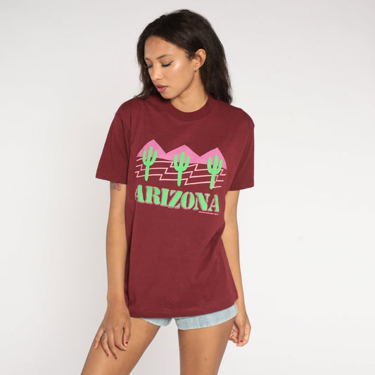80s Arizona Saguaro Cactus Graphic T-Shirt Burgundy Single Stitch Medium