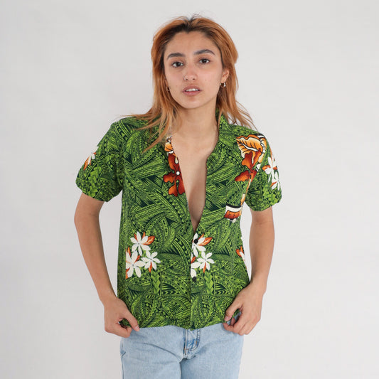 80s Tropical Floral Green Hawaiian Button-Up Blouse Short Sleeve Small