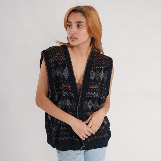 90s Expressions Black Argyle Sweater Vest Button-Up Knit Large L