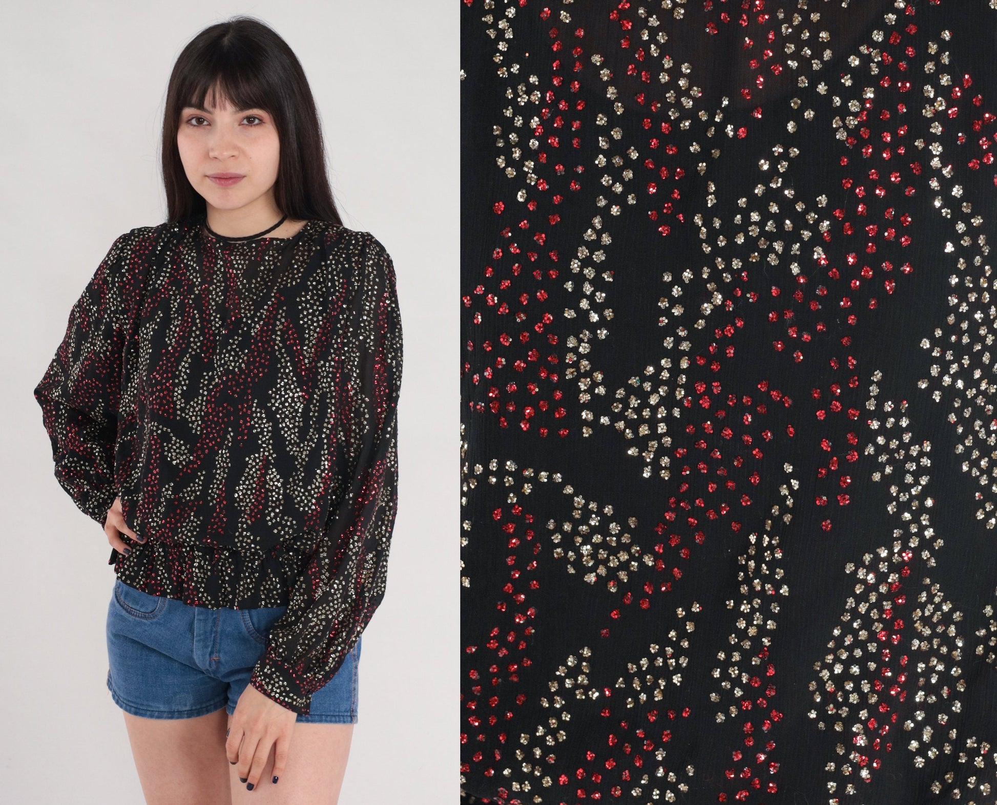 80s Metallic Blouse Black Silver Red Abstract Puff Sleeve Small