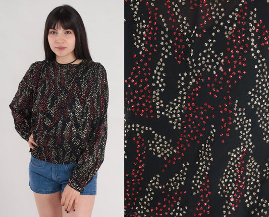 80s Metallic Blouse Black Silver Red Abstract Puff Sleeve Small