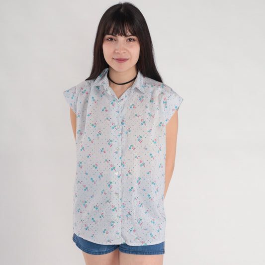 80s Floral Polka Dot Button-Up Blouse Blue Cap Sleeve Shirt Large L